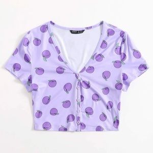 Purple Button-Up Crop Top with Fruit Design NWOT